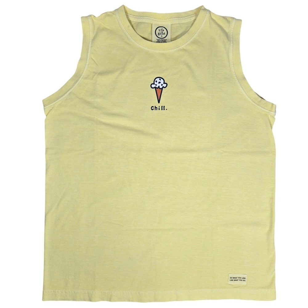 Life is Good Womens Small Yellow Chill Ice Cream Cone Sleeveless Muscle Tank Top